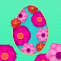 Happy Easter greeting card of egg paper cut and spring flowers pattern background for Easter Hunt holiday papercut Royalty Free Stock Photo