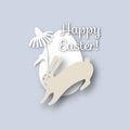 Happy easter greeting card with egg, rabbit, bunny, and flowers. Pastel color paper style Royalty Free Stock Photo