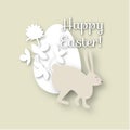 Happy easter greeting card with egg, rabbit, bunny, and flowers. Pastel color paper style Royalty Free Stock Photo