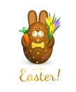 Happy Easter greeting card. Easter egg in the shape of a cute chocolate bunny. Brown rabbit figurine is decorated with sweet