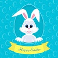 Happy Easter greeting card with eggs background and rabbit. White cute Easter Bunny peeking out of a hole. Ribbon with inscription Royalty Free Stock Photo