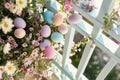 Happy easter Greeting Card Eggs Easter graphics Basket. White eggciting Bunny Easter style. Easter surprise background wallpaper Royalty Free Stock Photo