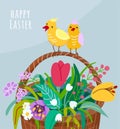 Happy easter greeting card with flower basket, two chickens on the handle of the pottle. Spring vector illustration with