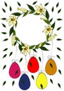 Happy Easter greeting card with flower wreath and easter eggs