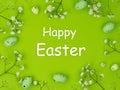 Happy Easter greeting card. Fresh bright green background. Spring composition of white flowers and eggs Royalty Free Stock Photo