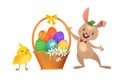 Happy Easter Greeting Card with Funny Bunny and Egg Basket with flowers. Cute Easter Bunny, Yellow Happy Chick on White Background