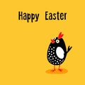 Happy Easter greeting card with funny chicken, hand drawn cartoon character,
