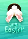 Happy Easter greeting card with funny white cartoon easter bunny ass, foot, tail