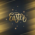 Happy Easter greeting card with golden colored hand lettering, gold lines and sparkles.
