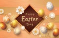 Happy Easter Greeting Card, Goldden Easter Eggs and white flowers on Wood Background