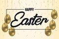 Happy Easter greeting card with golden eggs and gold confetti. Celebration banner, poster with frame and decoration. Vector. Royalty Free Stock Photo