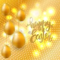 Happy Easter greeting card. Golden eggs and phrase Happy Easter on light background. Vector illustration Royalty Free Stock Photo