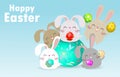 Happy Easter greeting card. group of Little Rabbit holding Easter eggs, Rabbit Bunny Easter banner template isolated Background Royalty Free Stock Photo