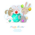 Happy Easter greeting card. group of Little Rabbit holding Easter eggs, Rabbit Bunny Easter banner template isolated Background Royalty Free Stock Photo