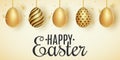 Happy Easter greeting card. Hanging golden eggs with a pattern on a light background. Festive lettering. Vector illustration Royalty Free Stock Photo