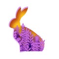 Happy Easter Greeting card with paper cut bunny rabbit, violet spring flowers. Origami yellow Rabbit shape frame. Place