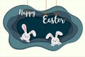 Happy Easter greeting card in paper cut and craft style with rabbits happy in underground house