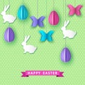Happy easter greeting card with papercut eggs, butterfly and Royalty Free Stock Photo