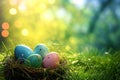 Happy Easter greeting card. Pastel colors Easter eggs in a nest on green grass, outdoors in nature, closeup view. Royalty Free Stock Photo