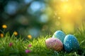 Happy Easter greeting card. Pastel colors Easter eggs in a nest on green grass, outdoors in nature, closeup view. Royalty Free Stock Photo