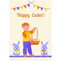 Happy easter. For greeting card  poster  banner. Little boy with a basket of eggs  rabbits. Vector illustration in flat cartoon Royalty Free Stock Photo