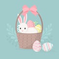 Happy easter greeting card, poster with cute bunny. Rabbit and basket with easter eggs. Vector illustration