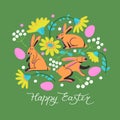 Happy Easter greeting card, poster with cute bunny and rabbit, eggs, flowers. Vector illustration for the spring holiday Royalty Free Stock Photo