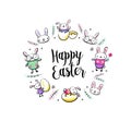 Happy Easter greeting card, poster with cute smiling surprise rabbit scene, broken egg, bunny and chick characters Royalty Free Stock Photo