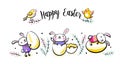 Happy Easter greeting card, poster with cute smiling surprise rabbit scene, bunny, broken egg and chick characters Royalty Free Stock Photo