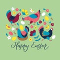 Happy Easter greeting card or poster with hen, chick, eggs, flowers for celebration of the spring holiday Royalty Free Stock Photo