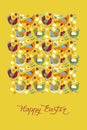 Happy Easter greeting card or poster with hen, chick, eggs, flowers. Vector illustration for spring holiday. Royalty Free Stock Photo