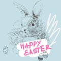 Happy Easter greeting card with rabbit, lettering and eggs. Royalty Free Stock Photo