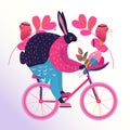 Happy Easter greeting card with rabbit riding on bike spring holiday celebration card