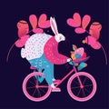 Happy Easter greeting card with rabbit riding on bike spring holiday celebration card