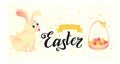 happy easter greeting card. Rabbit sits near the basket with eggs