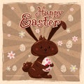 Happy Easter greeting card retro illustration with easter chocolate bunny, rabbit. Vector illustration vintage Royalty Free Stock Photo