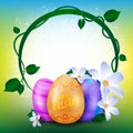 Happy Easter greeting card with round frame of painted eggs and spring flowers.