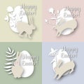 Happy easter greeting card set with egg, rabbit, bunny, and flowers. Pastel color paper style Royalty Free Stock Photo
