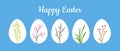 Happy Easter greeting card with set of white easter eggs decorated with spring flowers, pussy willow twig, grass, cherry Royalty Free Stock Photo