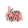 Happy Easter greeting card with silhouette of bunny. Handwritten vector lettering text. Calligraphic phrase.