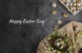 Happy Easter greeting card.Small eggs in a nest on a dark stone background with green leaves and willow branches.Banner, Billboard