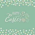 Happy Easter greeting card. Spring holiday bakground with rabbit bunny and handwritten lettering HAPPY EASTER over line drawn Royalty Free Stock Photo