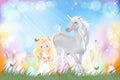Happy Easter greeting card, Spring nature,Easter bunny egg hunt in green field,cute princess,unicorn and little fairies flying Royalty Free Stock Photo