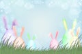 Happy Easter greeting card with Spring nature,Easter bunny egg hunt in green field.Vector Spring background with abstract blurry Royalty Free Stock Photo