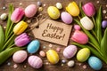 Happy Easter Greeting Card Surrounded By Colorful Eggs And Spring Tulips On Wooden Background Royalty Free Stock Photo