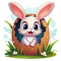 Ai, Ai Generated Happy Easter greeting card template. Cartoon cute rabbit sitting inside a broken egg. Royalty Free Stock Photo