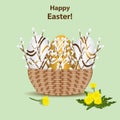 Happy Easter greeting card template.Wicker basket with colorful