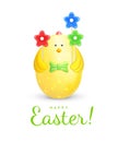 Happy Easter greeting card with text. Easter egg in the form of a chicken. Cute Easter decoration in the form of a yellow chicken