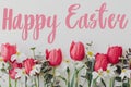 Happy Easter greeting card. Happy Easter text sign handwritten on  beautiful red tulips, daffodils, daisy flowers on rustic white Royalty Free Stock Photo