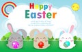 Happy Easter greeting card. Three Little Rabbit holding Easter eggs,  Rabbit Bunny Easter banner template isolated on Background. Royalty Free Stock Photo